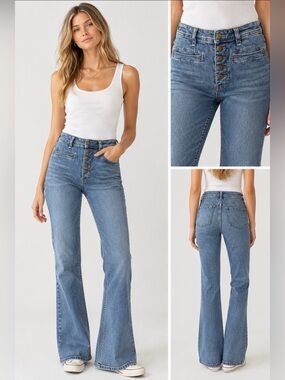 Free People Mid-High Rise Button-Fly Bootcut Jeans in Blue Wash